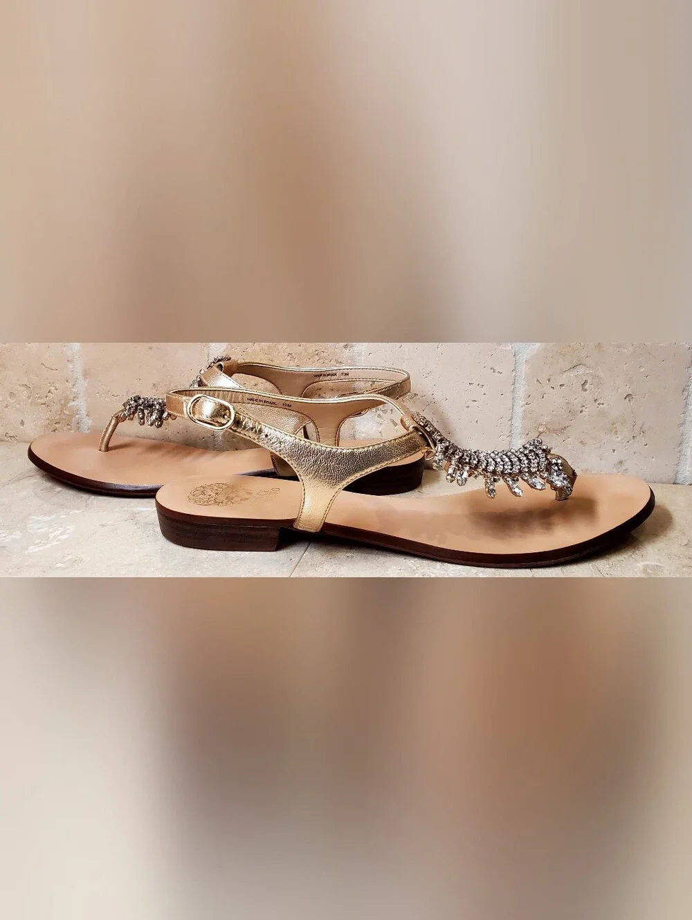 T-strap Flat Women's Sandals Size 10 Gold Leather with Crystal Embellishments